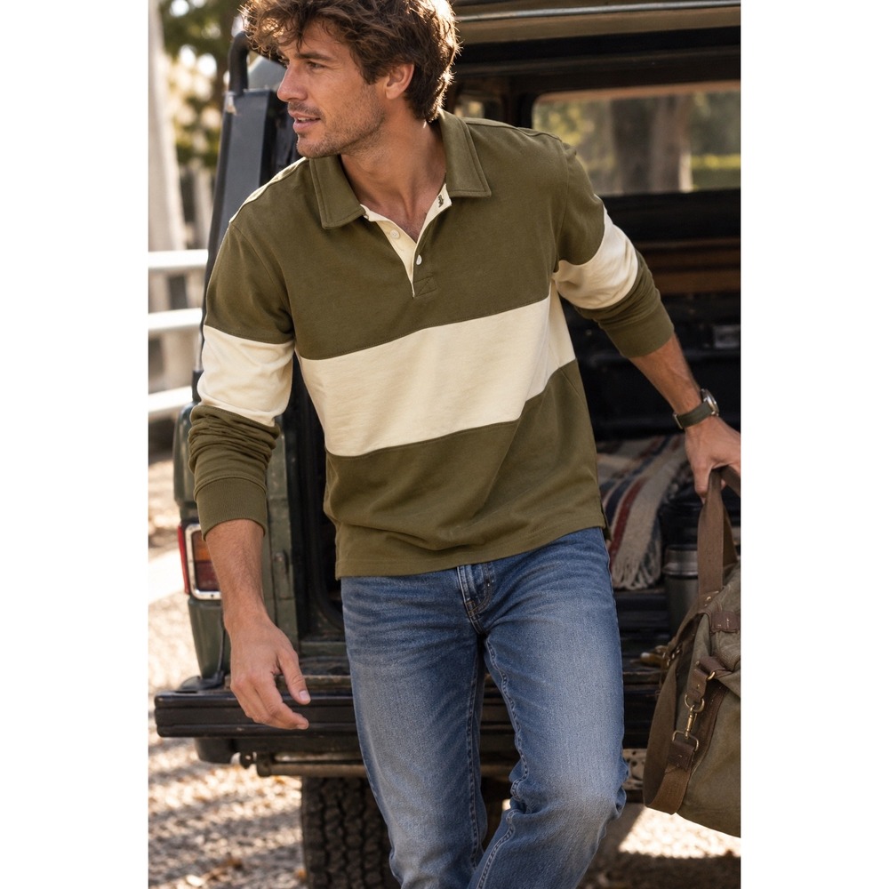 Flint and Tinder Huckberry Rugby Polo Cotton Colorblock Long Sleeve Olive Ecru M